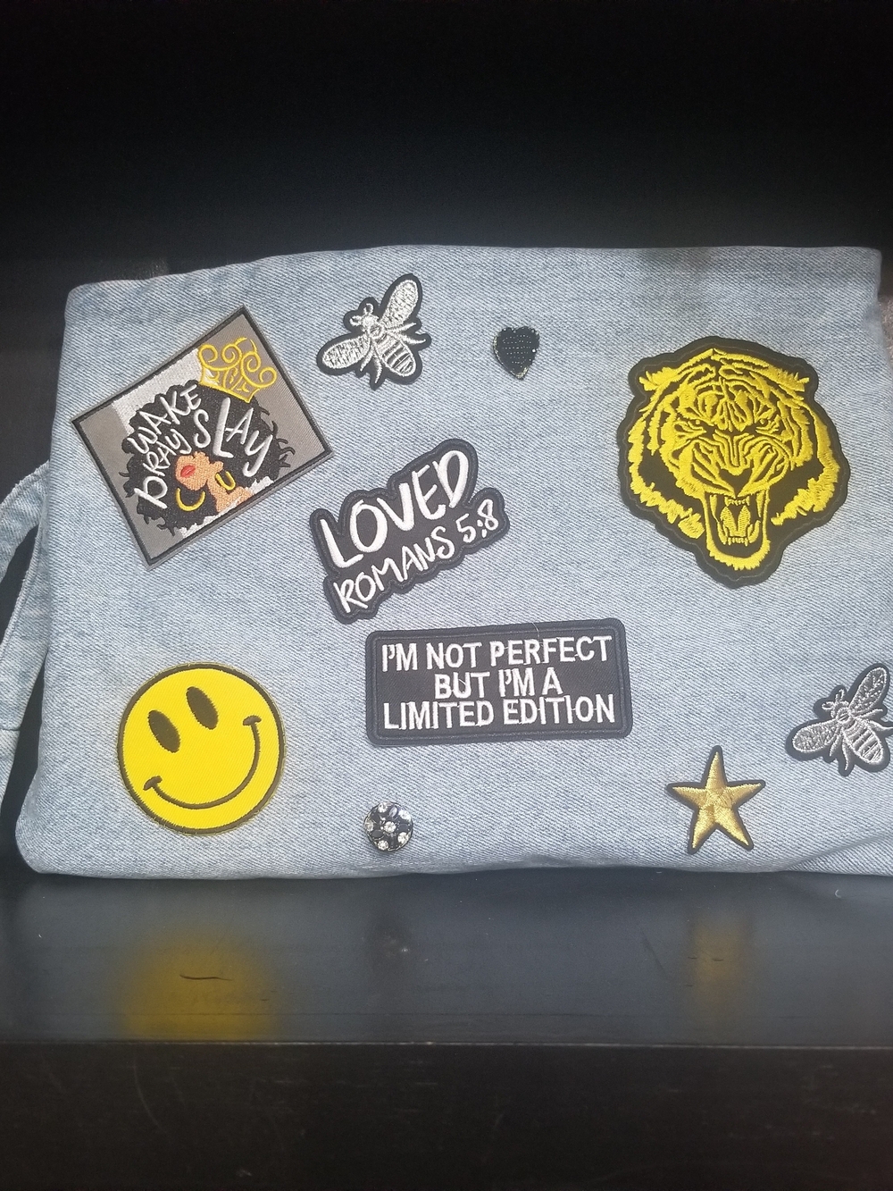 Custom Clutch Women’s Patchwork Denim Clutch Bag - Blue with Yellow Accents